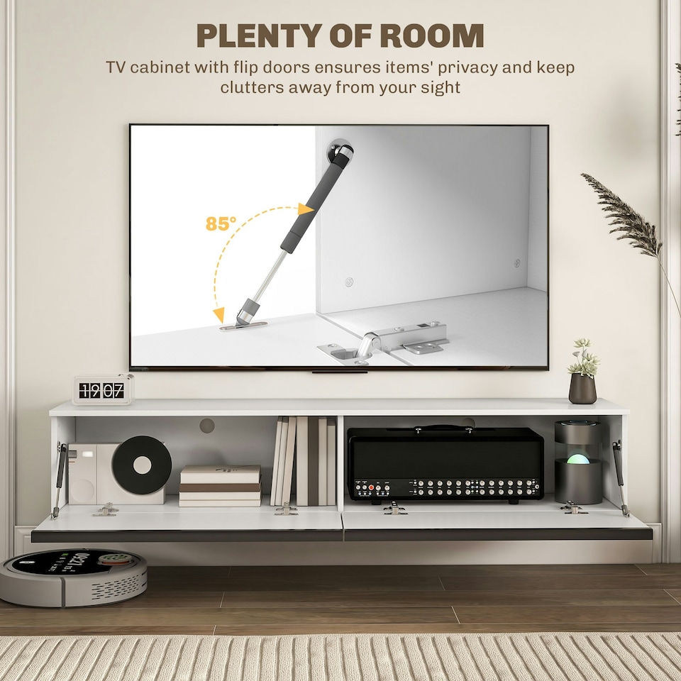 image 1 of HOMCOM Wall Mounted TV Stand Unit with Storage and High Gloss Effect, Black