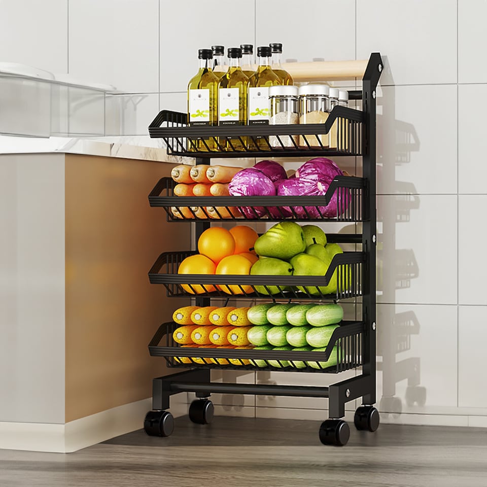 image 1 of Living and Home 4-Tier Kitchen Organizer Trolley with Removable Basket | Black | 4 Tier