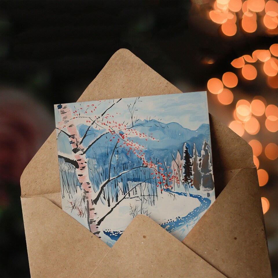 image 1 of Greeting Card Winter Hike By River Forest Snow Landscape Birthday