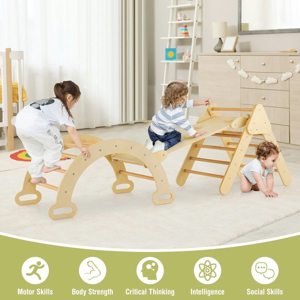 image 1 of COSTWAY 3-in-1 Triangle Wooden Toddler Climber Ramp Arch