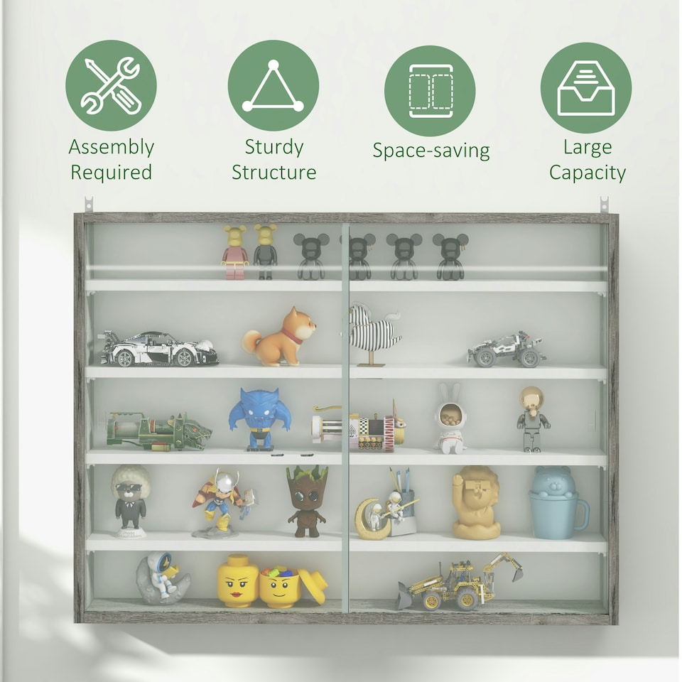 image 1 of HOMCOM 5-Tier Wall Display Shelf Unit Cabinet w/ Shelves Glass Doors Black/White