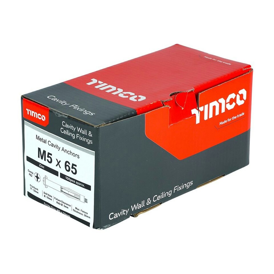 image 1 of Timco - Metal Cavity Anchors - Zinc (Size M5 x 65 (70mm Screw) - 100 Pieces)