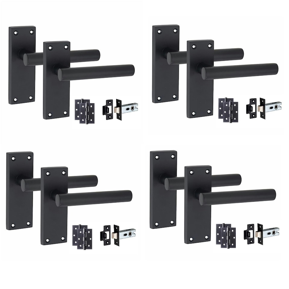 image 1 of Golden Grace 4 Sets Victorian Straight T-Bar Door Handles Latch in Matt Black with 1 Pair of 3" Ball Bearing Hinges & Latches Pack - 120mm x 40mm Backplate Black