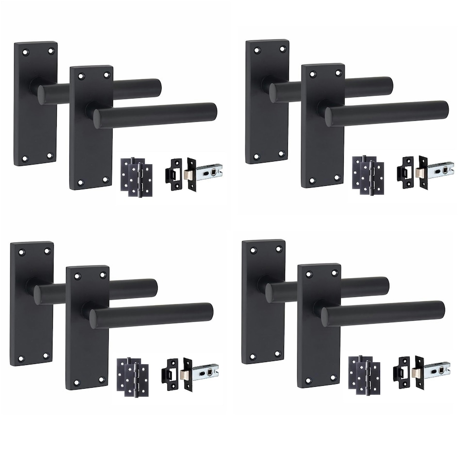 image 1 of Golden Grace 4 Sets Victorian Straight T-Bar Door Handles Latch in Matt Black with 1 Pair of 3" Ball Bearing Hinges & Latches Pack - 120mm x 40mm Backplate | Black | 4 Set