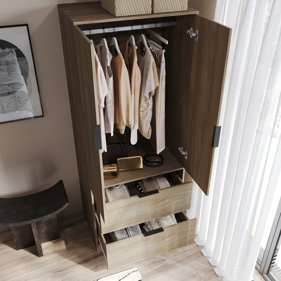 image 1 of FUJI 2 Door 2 Drawer Minimalist Bedroom Wardrobe Storage & Hanging Rail 180cm | Multi | Oak | 1