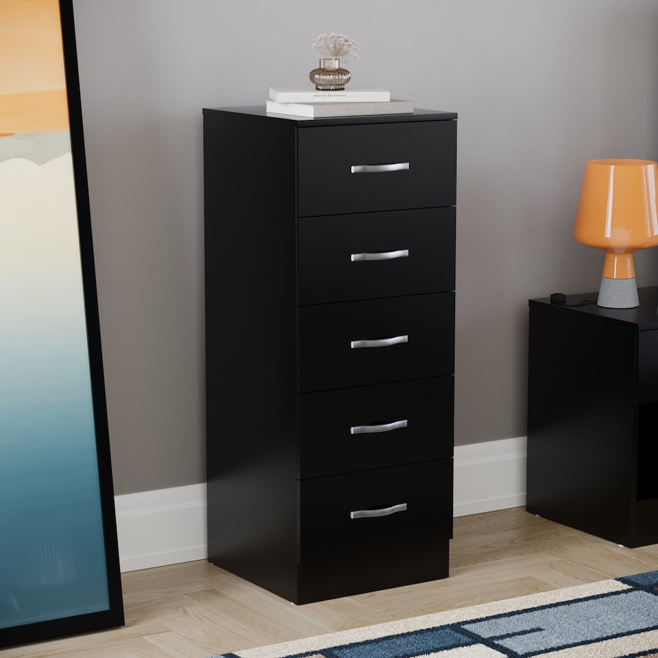 image 1 of Vida Designs Riano 5 Drawer Narrow Chest of Drawers Bedroom Storage, Black