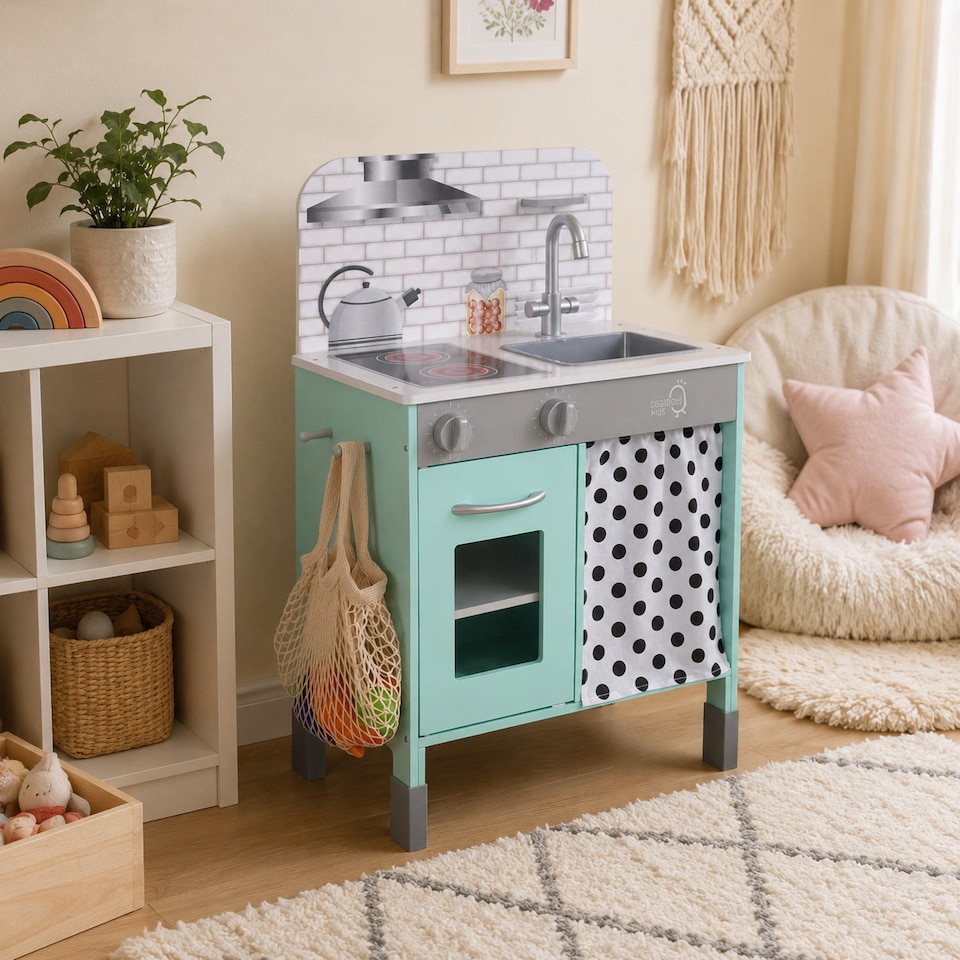 image 1 of Teamson Kids Wooden Play Kitchen, Adjustable Heights, Petrol, Little Chef Philly