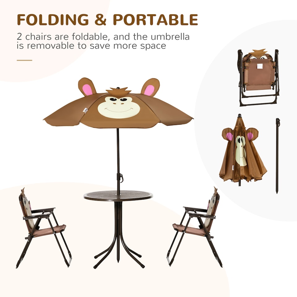 image 1 of Outsunny Kids Foldable Four-Piece Garden Set w Table, Chairs, Umbrella - Brown
