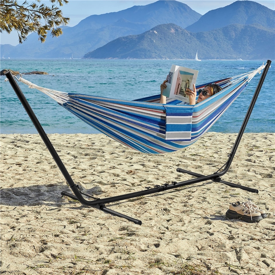 image 1 of Yaheetech Outdoor Hammock with Adjustable Steel Stand-Blue Red Stripe