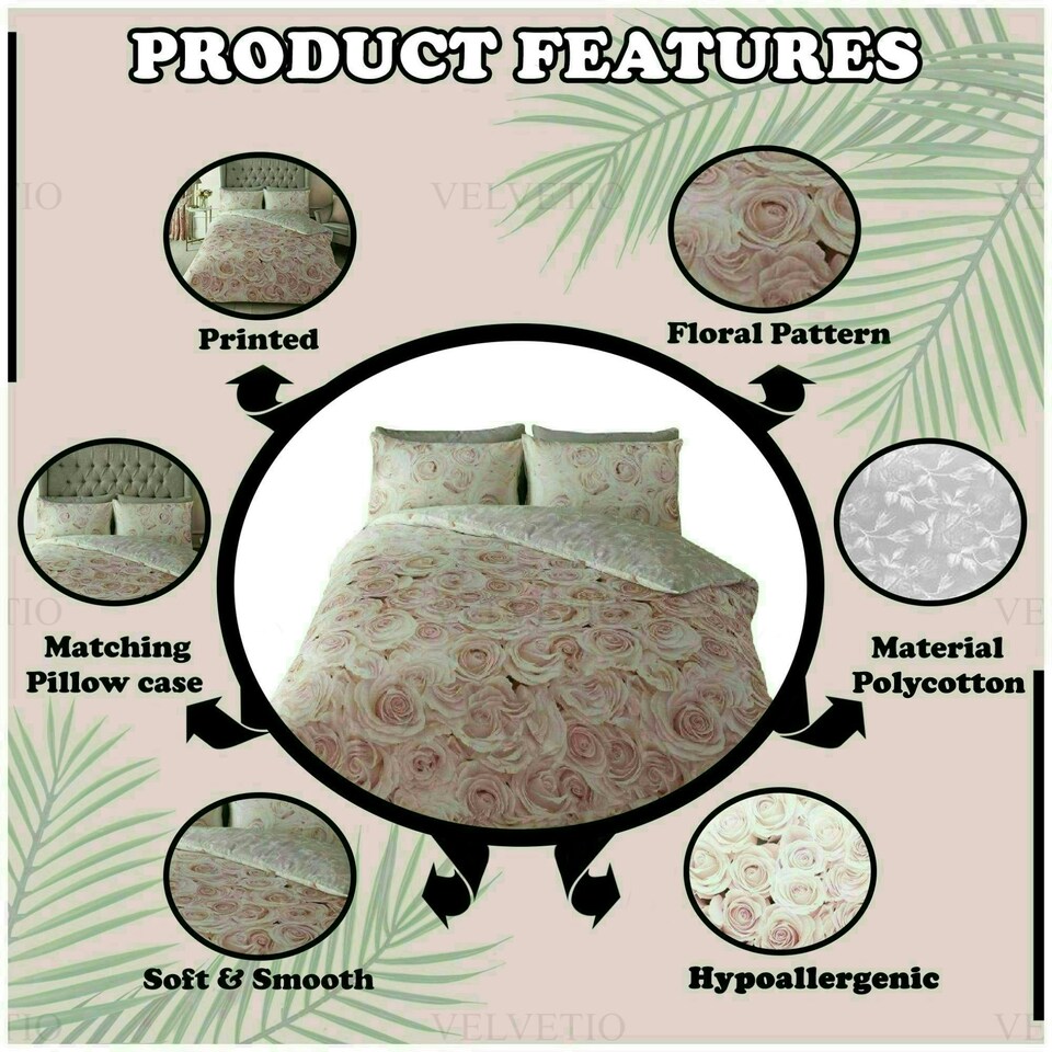 image 1 of VELVETIO Bellerose Floral Printed Duvet Cover Set Rebersible Polycotton Beddings Pink | Super King