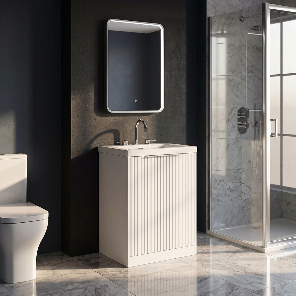 image 1 of Balterley Callingwood Contemporary Floor Standing 2 Door Vanity Unit with 3 Tap Hole Fireclay Basin , 600mm, Matt White