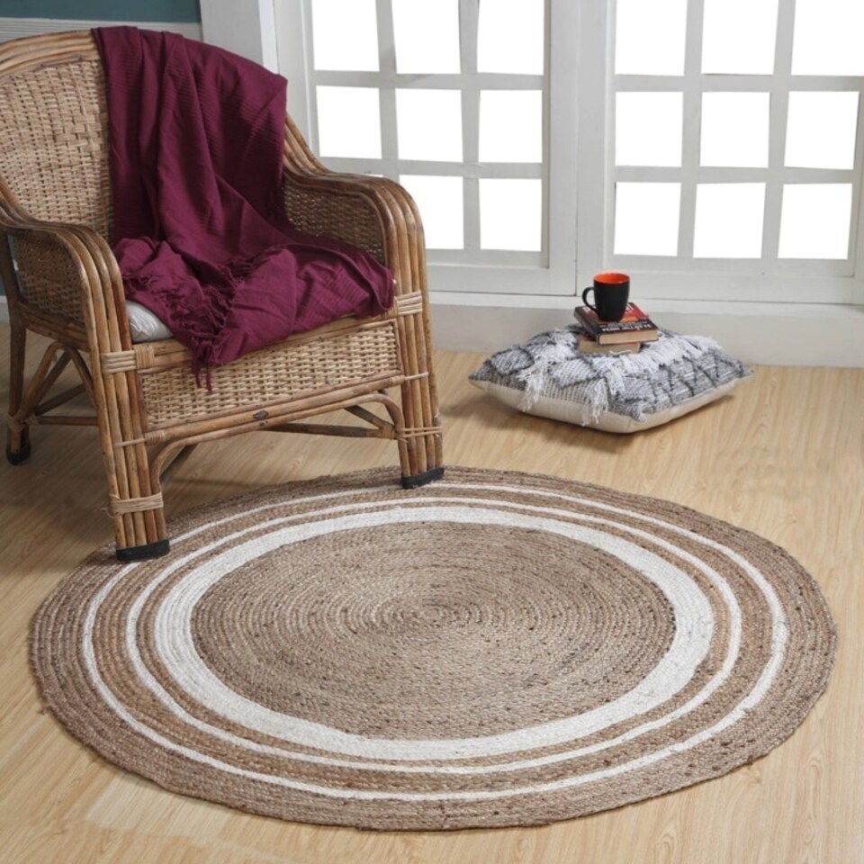 image 1 of KHIDAKEE Round Border Beige Rug with Hand Woven - Jute - L60 x W60 - Natural Brown