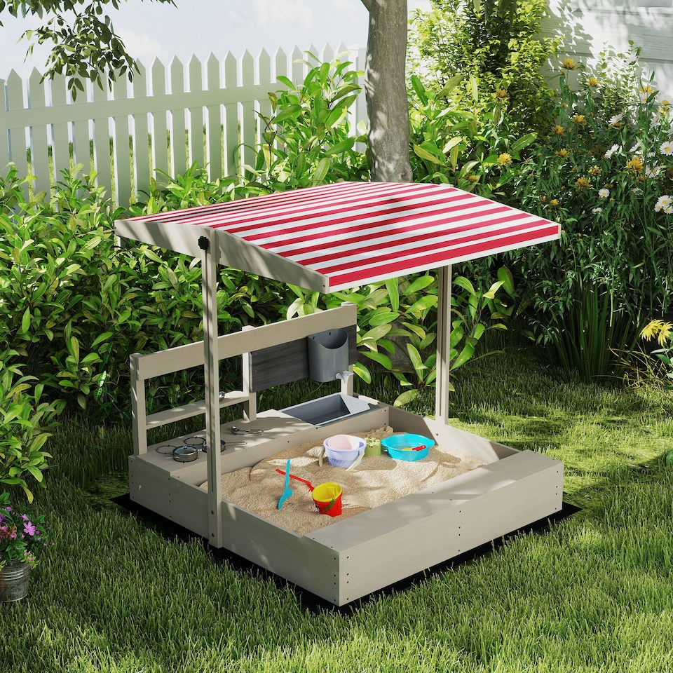 image 1 of Outsunny Kids Wooden Sandbox w Canopy, Kitchen Toys, Seat, Storage, for Outdoor