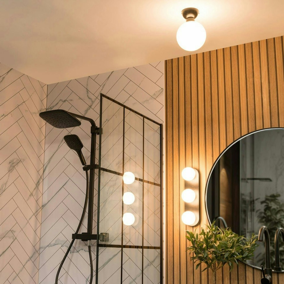 image 1 of ValueLights Orbital Matte Black Opal Glass Globe IP44 Rated Bathroom Flush Ceiling Light | Black