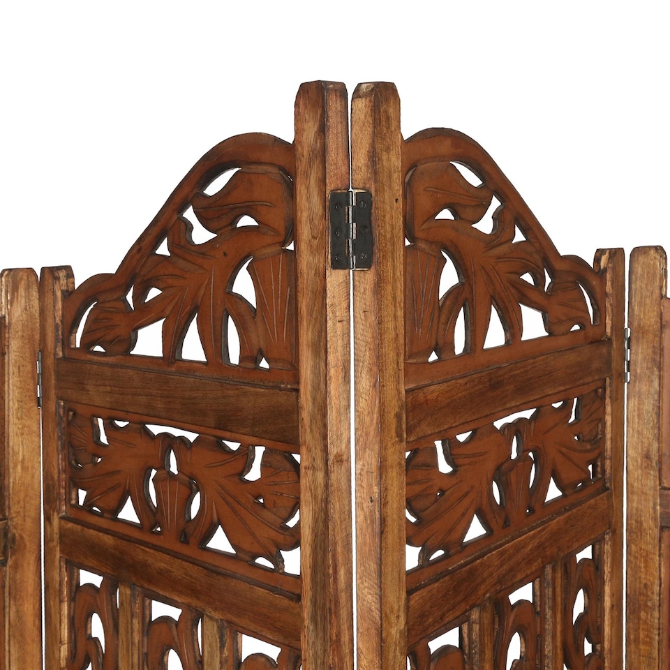 image 1 of 4 Panel Heavy Duty Carved  Screen Wooden Gamla Design Room Divider Light Brown 200 x 180 cm | Brown | Light Brown | 200 x 180 cm