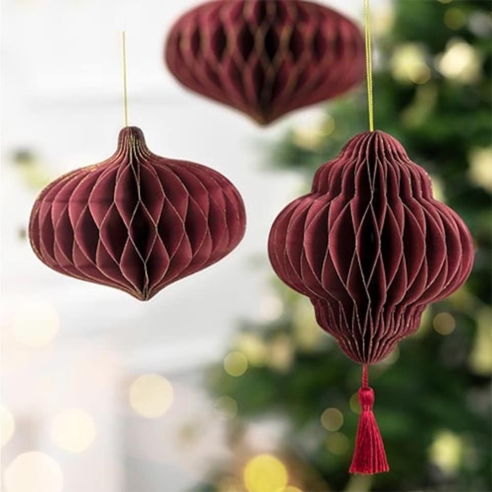 image 1 of Burgundy Honeycomb Lantern with Tassel Hanging Paper Bauble Decoration 15cm