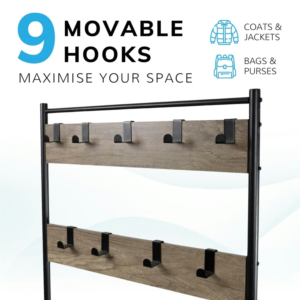image 1 of Coat Rack Stand with Shoe Storage Bench 9 Hooks Rustic Light Brown Entrance Hall House of Home Brown | Light Rustic Brown | One Size