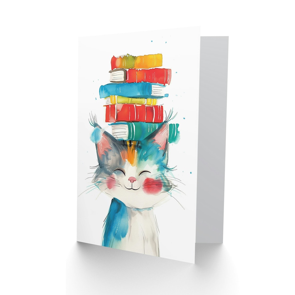 image 1 of Cat Kitten Book Stack Bright Watercolour Daughter Son Birthday Card