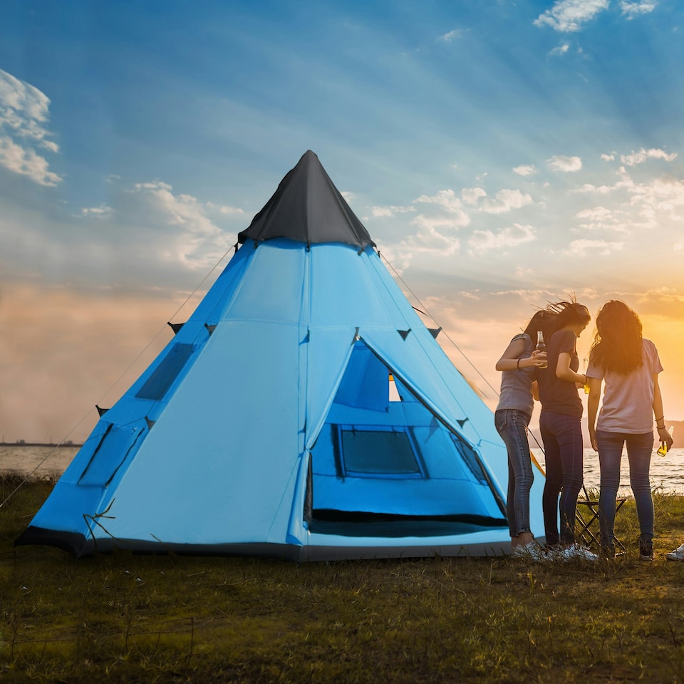 image 1 of Outsunny 6-7 Person Large Family Party Camping Tent W/ Carrying Bag, Blue