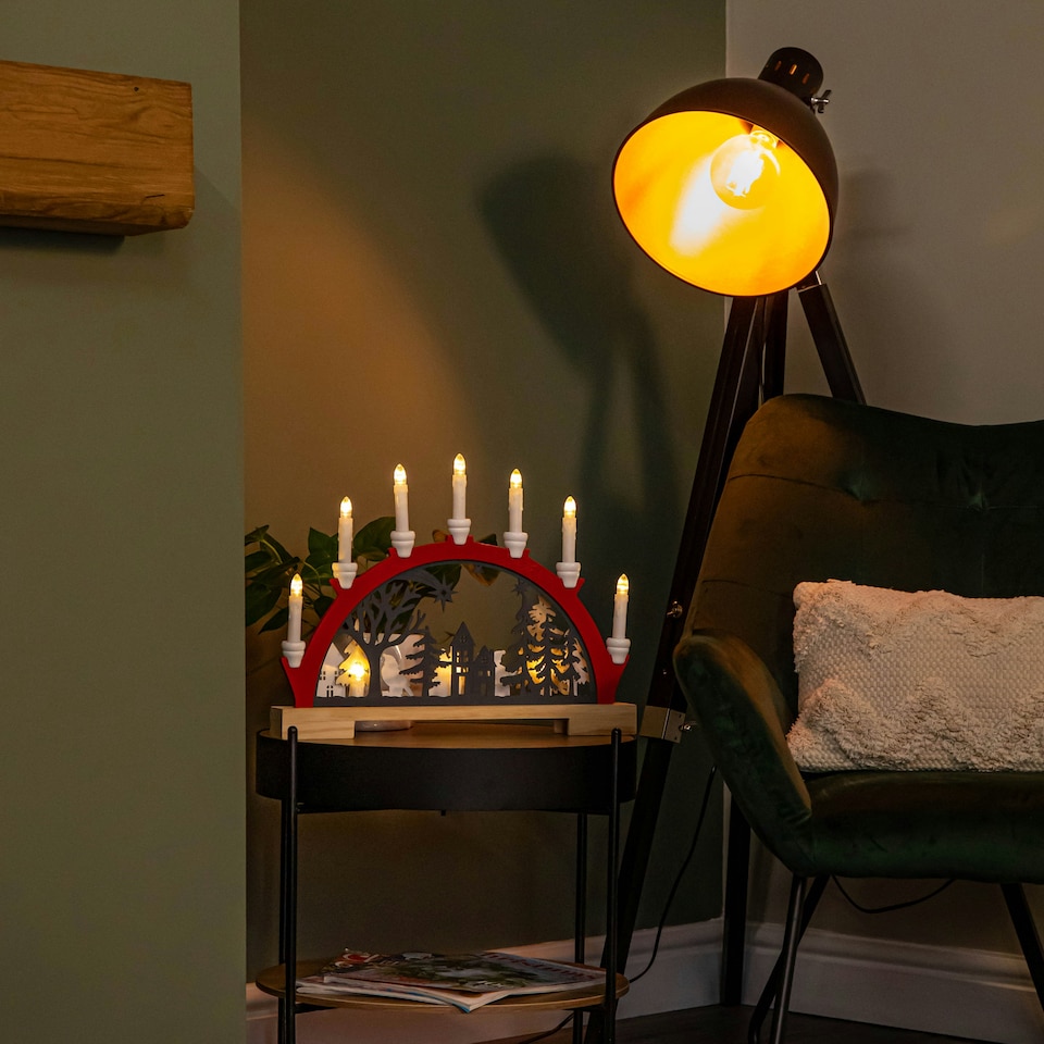 image 1 of 45cm Battery Operated Light up Red Wooden Christmas Candle Bridge with 9 Warm White LEDs