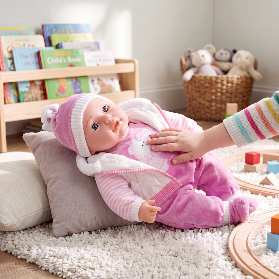 image 1 of BiBi Doll 20" Pinky Baby Doll Girl with White Coat Outfit, Sounds & Dummy Toy