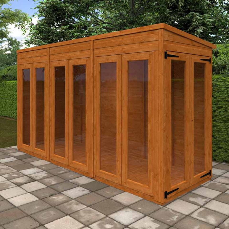 image 1 of 12x4 Flex Pent Full Pane Summerhouse 12mm Flex - L353.8 x W115 x H203 cm - Solid Wood/Softwood/Pine - Burnt Orange