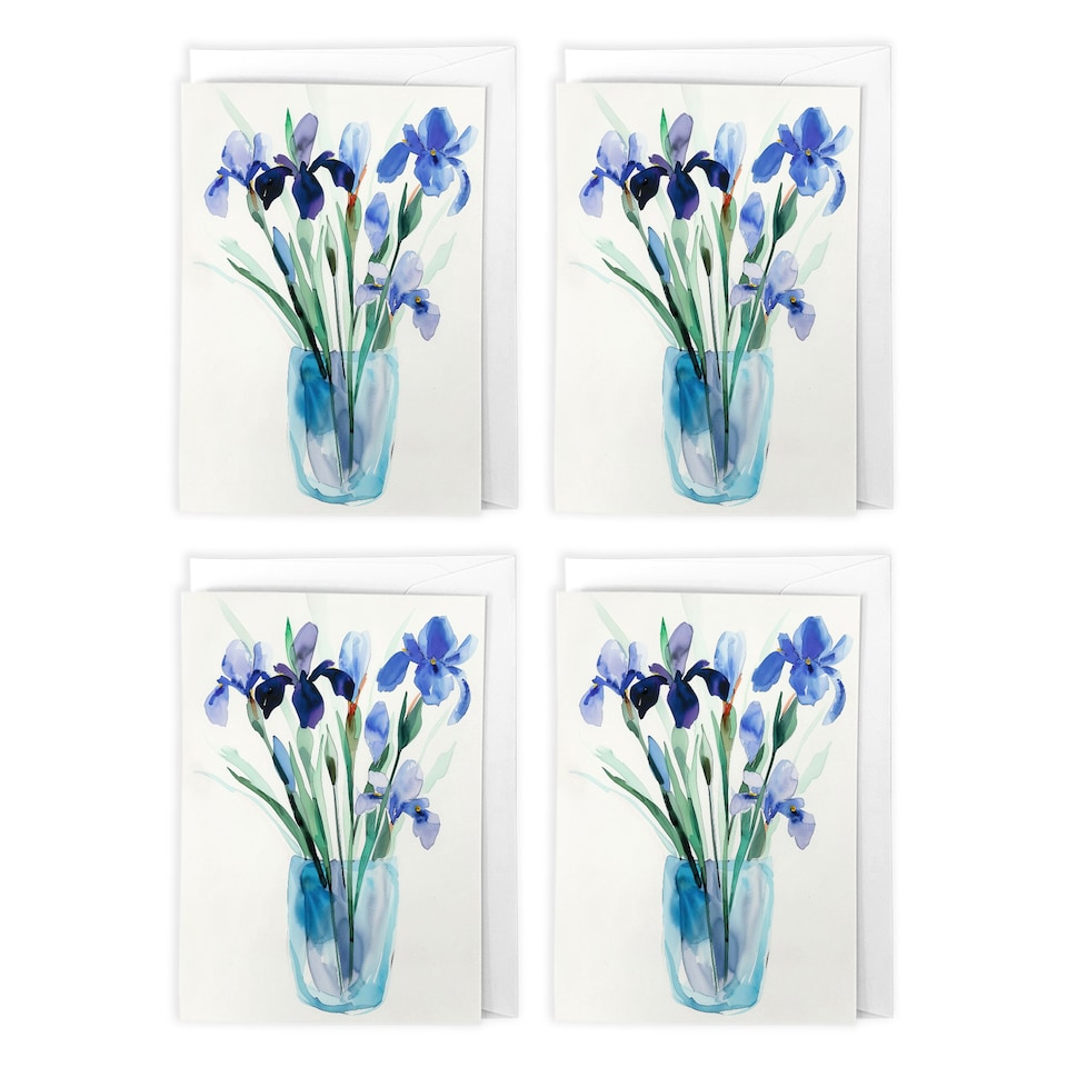 image 1 of Blue Iris Flowers Watercolour Art Cards Pack of 4 Floral Bouquet Greeting Cards