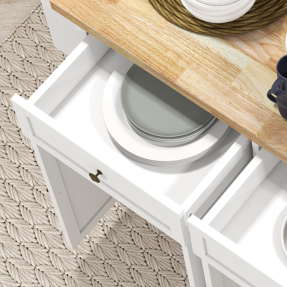 image 1 of HOMCOM Kitchen Island on Wheels, Rolling Kitchen Storage Trolley with Rubber Wood Top, Drawers, Adjustable Shelves, Towel and Spice Rack for Dining Room, White