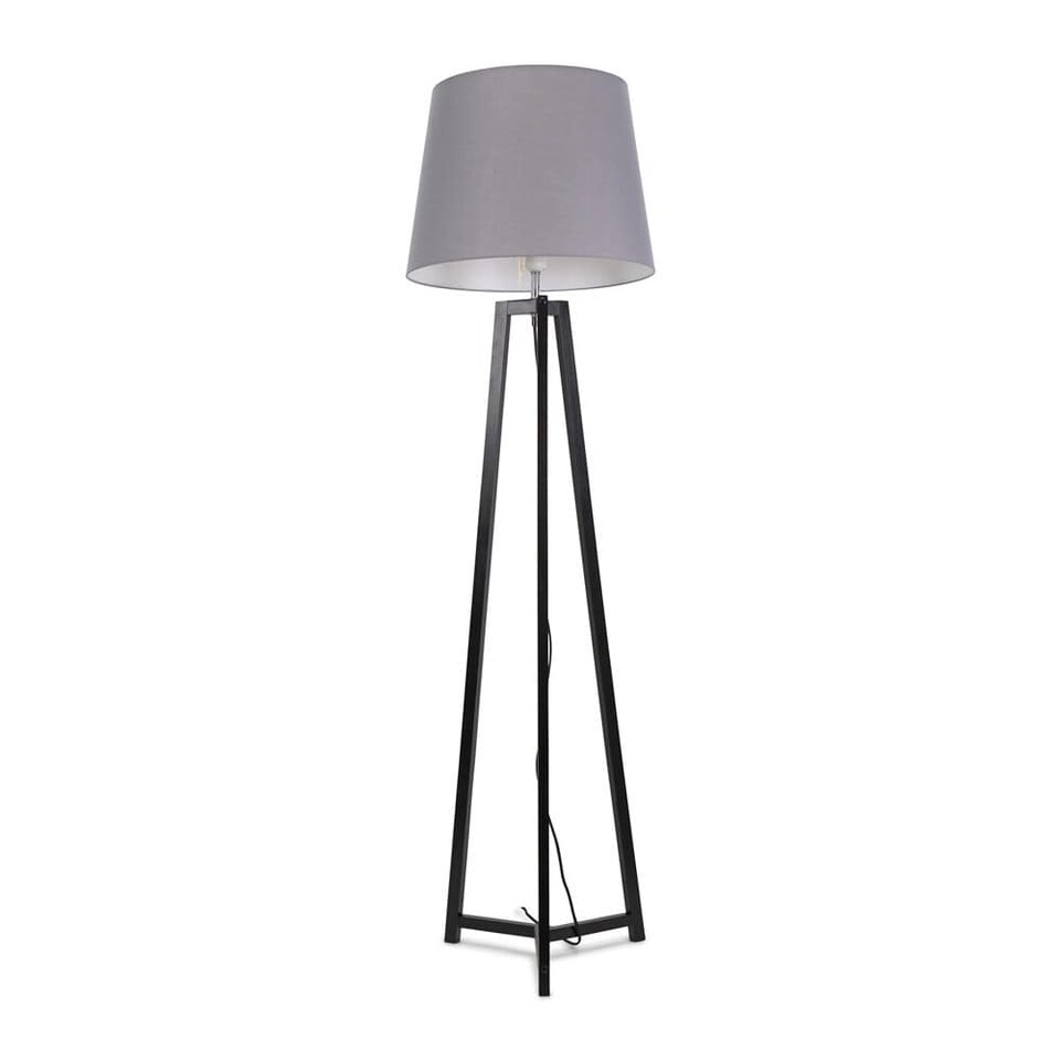 image 1 of ValueLights Lottie Black Wood Tripod Floor Lamp Grey Taper Shade and Bulb