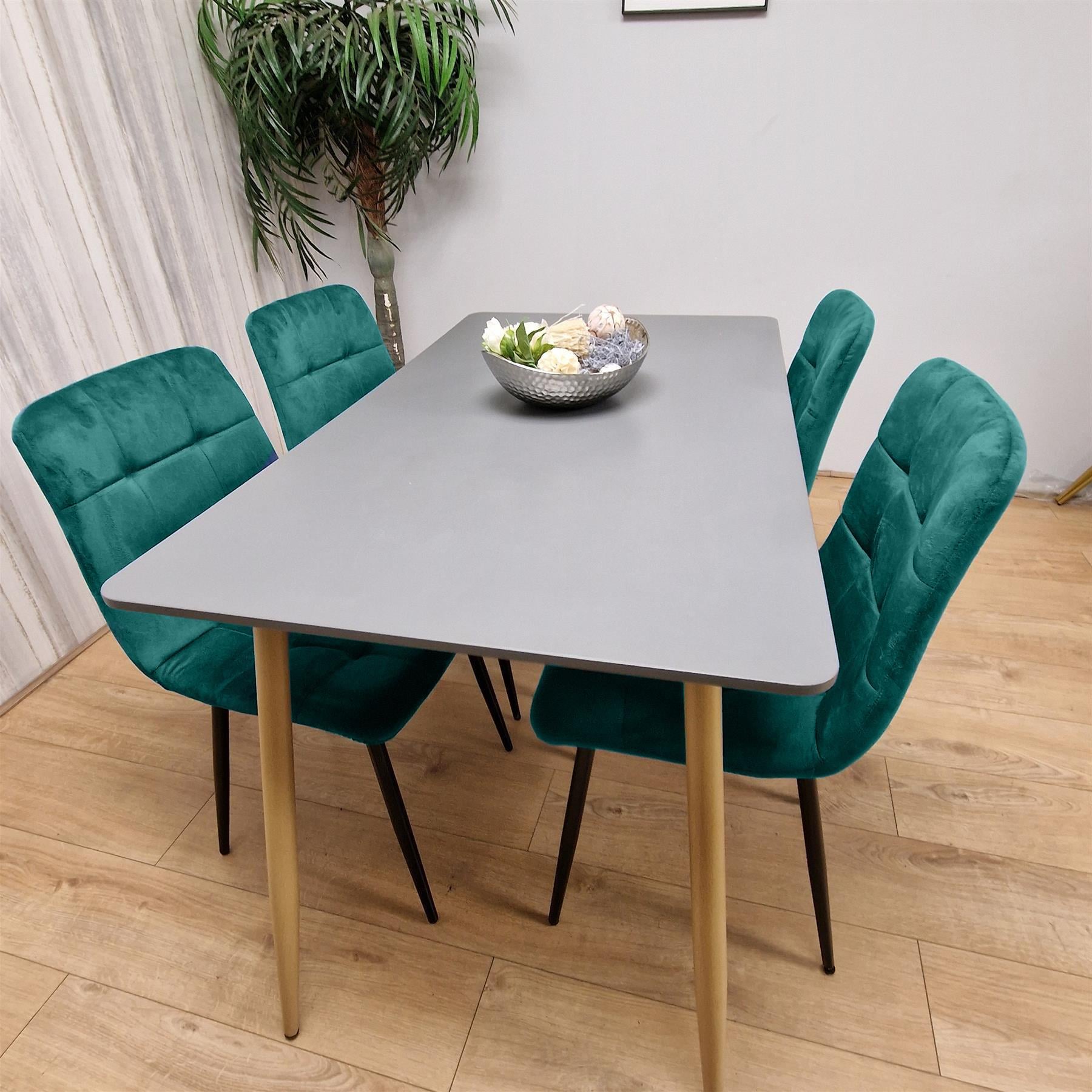 Modern Rectangle Dark Grey Dining Table Set With 4 Green Velvet Chairs Dining Room Furniture
