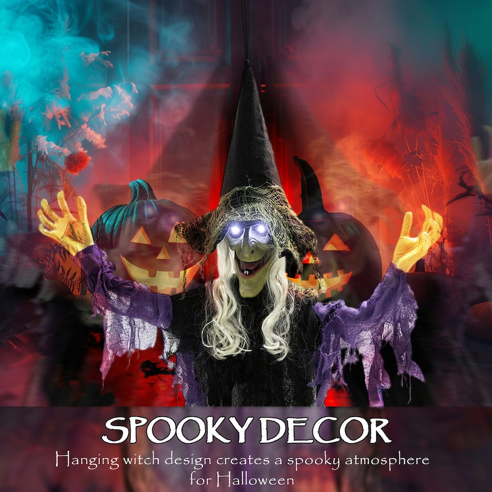 image 1 of Outsunny Voice Activated Halloween Animatronics Hanging Witch, Purple