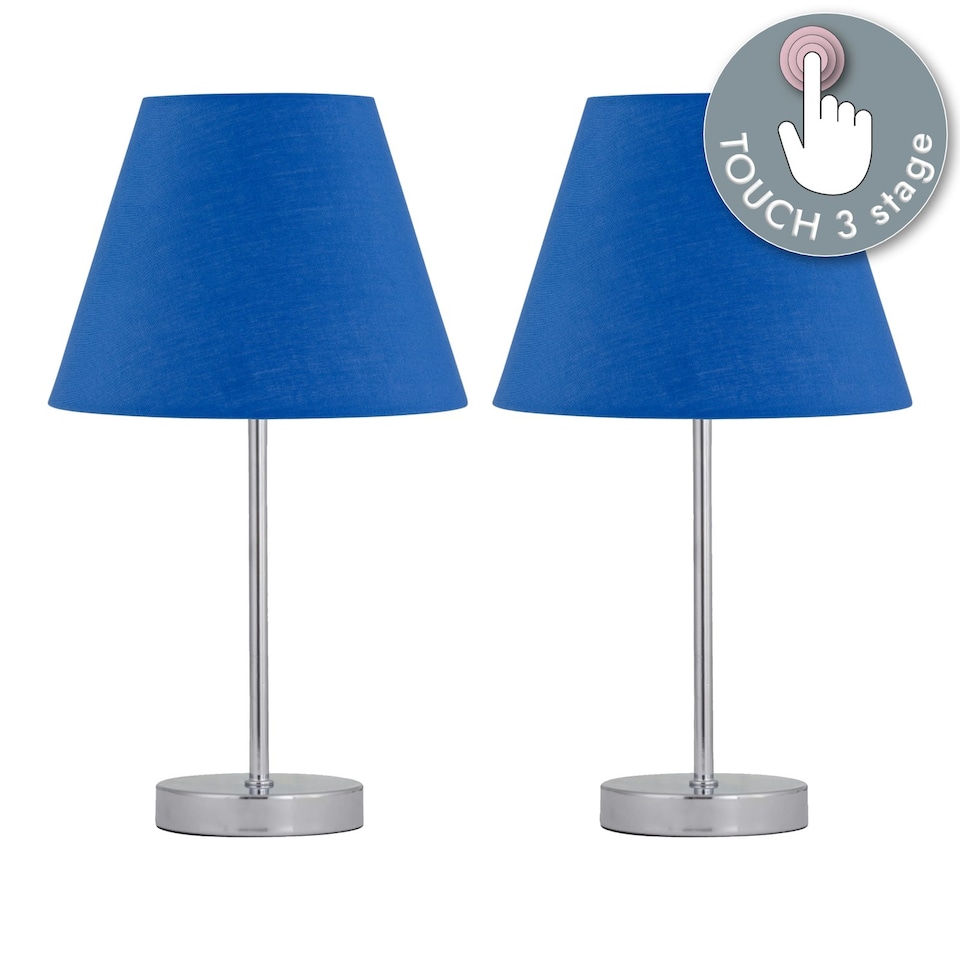 image 1 of Set of 2 Chrome Touch Operated Table Lamps with Navy Blue Shades