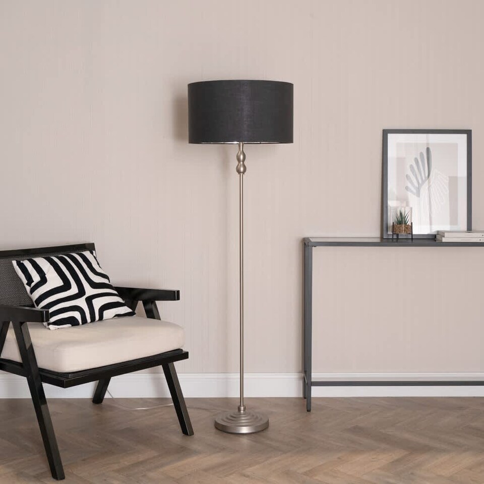 image 1 of ValueLights Maggie Chrome Candlestick Floor Lamp Charcoal Chrome Shade & Bulb | Grey