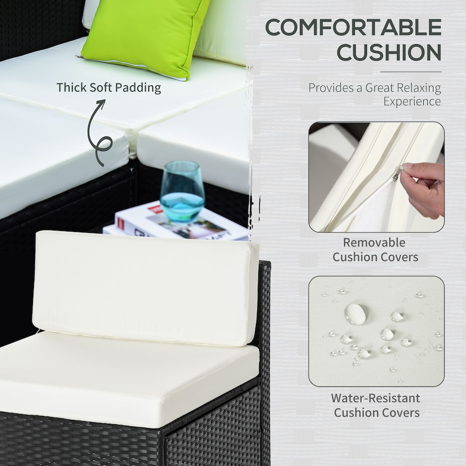 image 1 of Outsunny 5 Pieces PE Rattan Garden Furniture Set with Cushions, Outdoor Corner Sofa, Patio Sectional Conversation Furniture Sets with Glass Top Coffee Table, Black