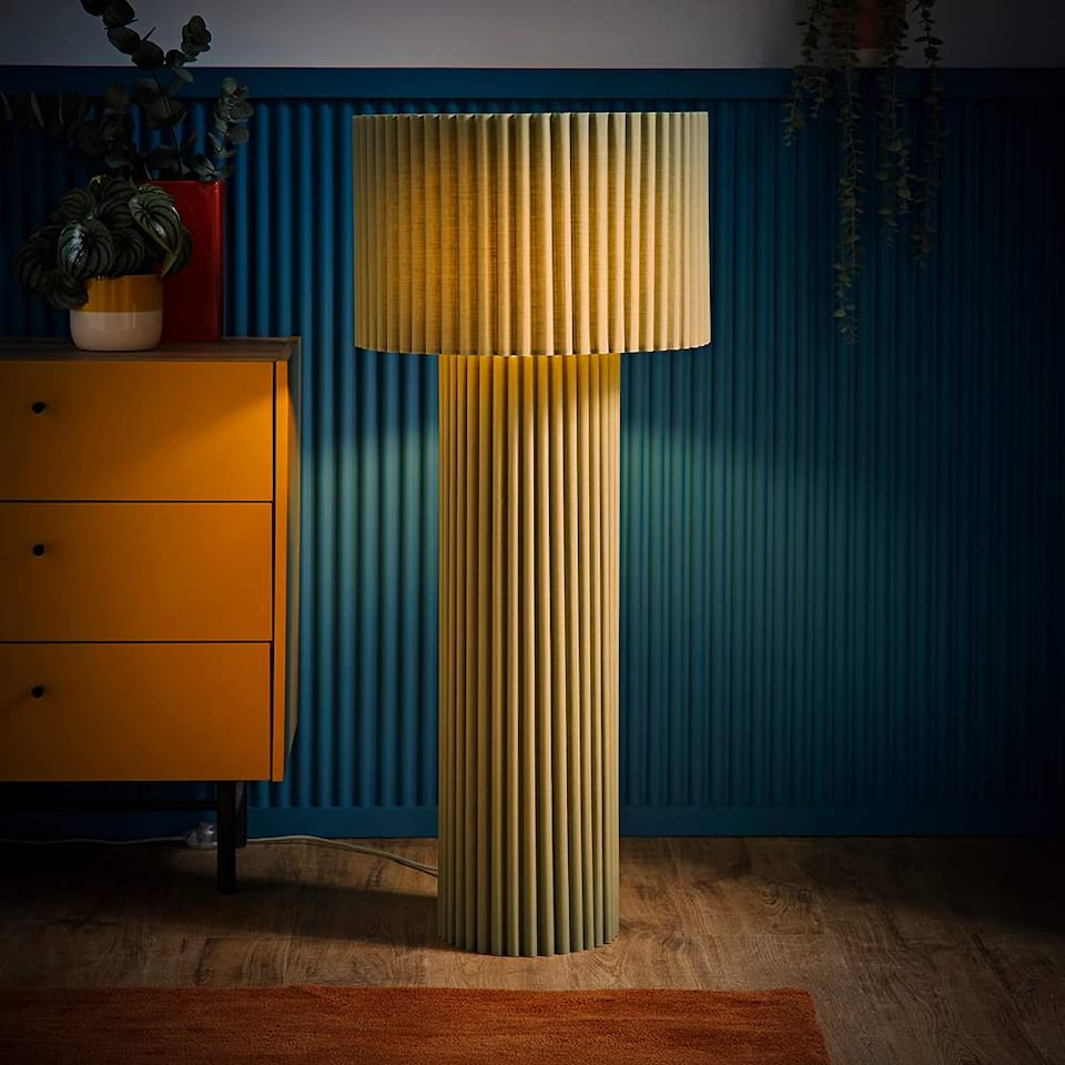 image 1 of ValueLights Lenny Moss Green Shade Ribbed Fabric Midi Floor Lamp & Bulb | Green