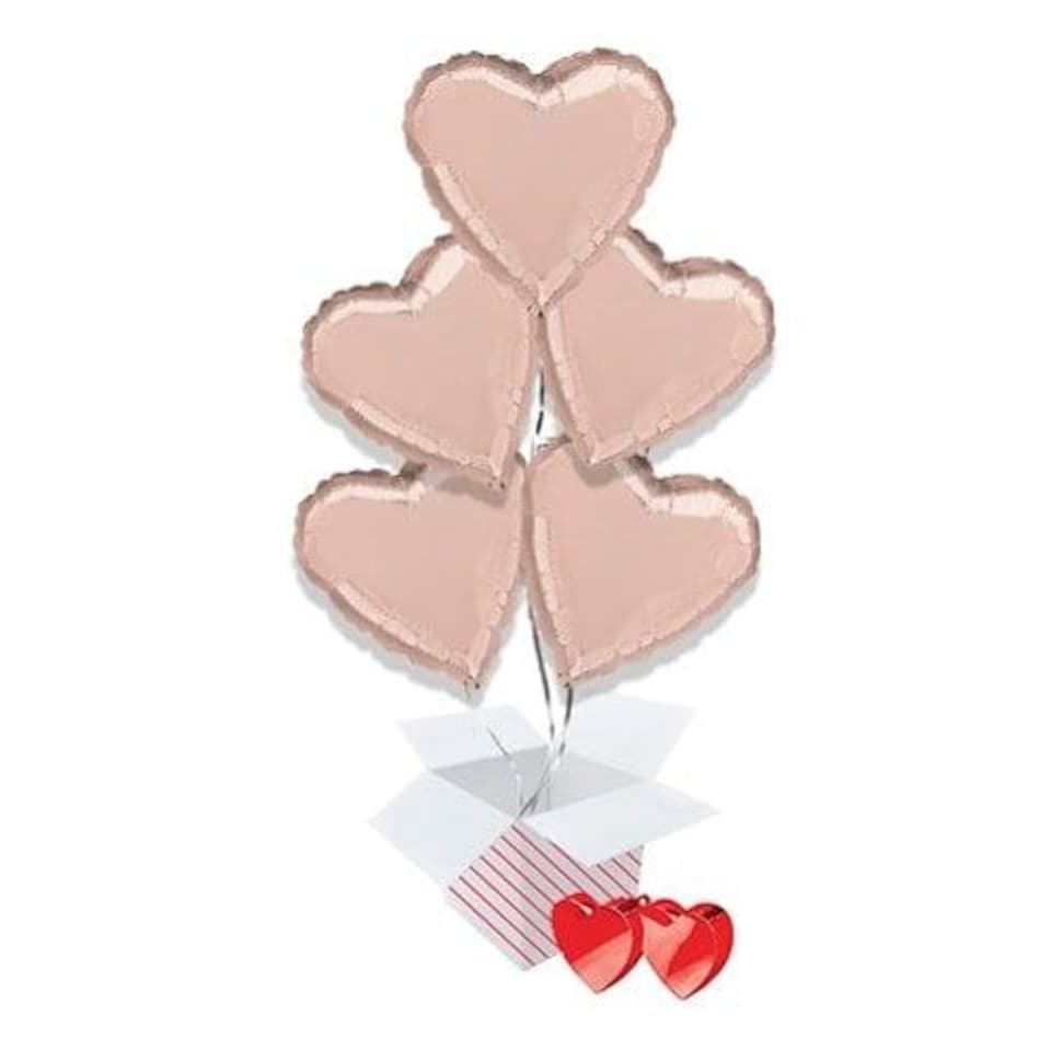 Rose Gold Heart Foil Helium Balloon Bouquet - 5 Inflated Balloons In A Box