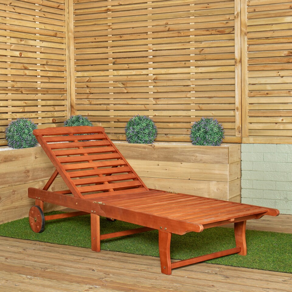 image 1 of 1.9m x 0.6m Outdoor Wooden Adjustable Foldable Sunlounger with Wheels Brown