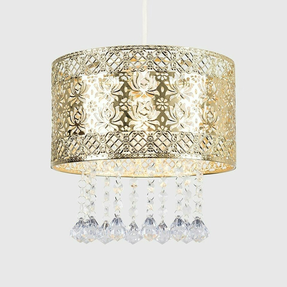 image 1 of ValueLights Modern Intricate Pattern Gold Ceiling Pendant Light Shade With Jewel Droplets