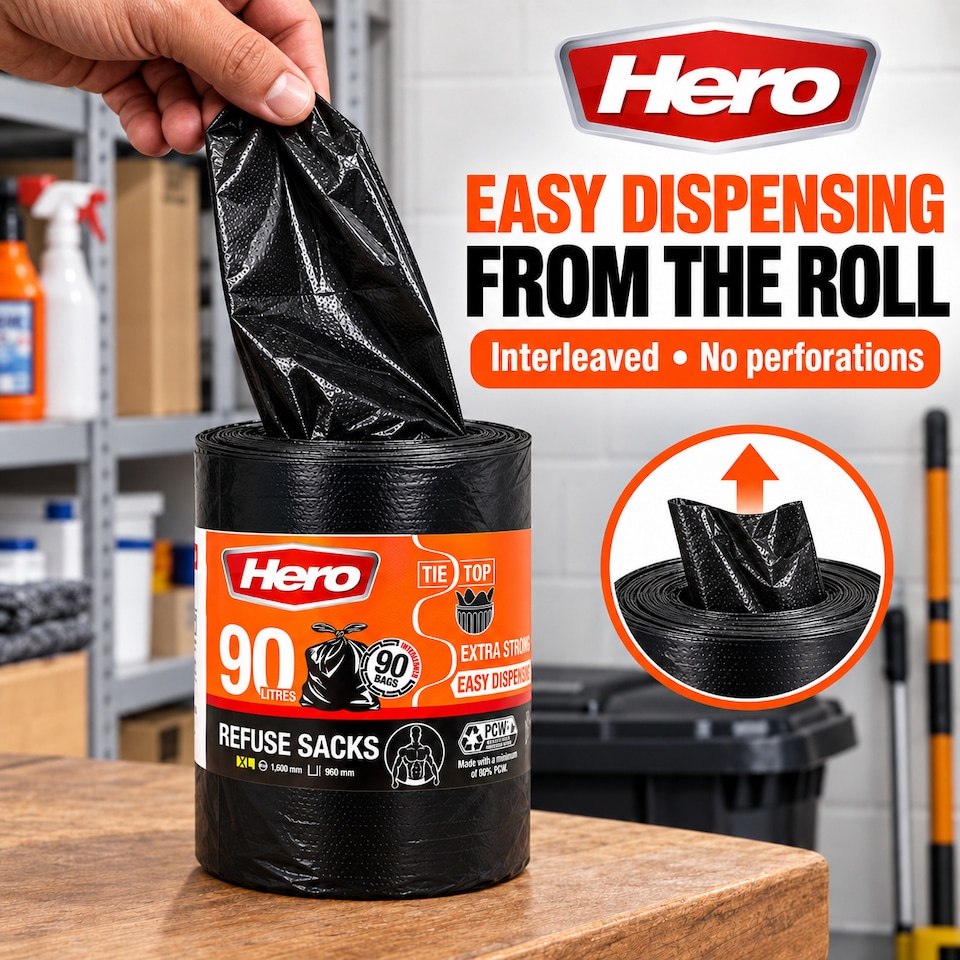 image 1 of Hero Extra Strong Black Bin Bags 90 Litre Pack of 90 Heavy Duty Refuse Sacks with Tie Top Handles  Brand