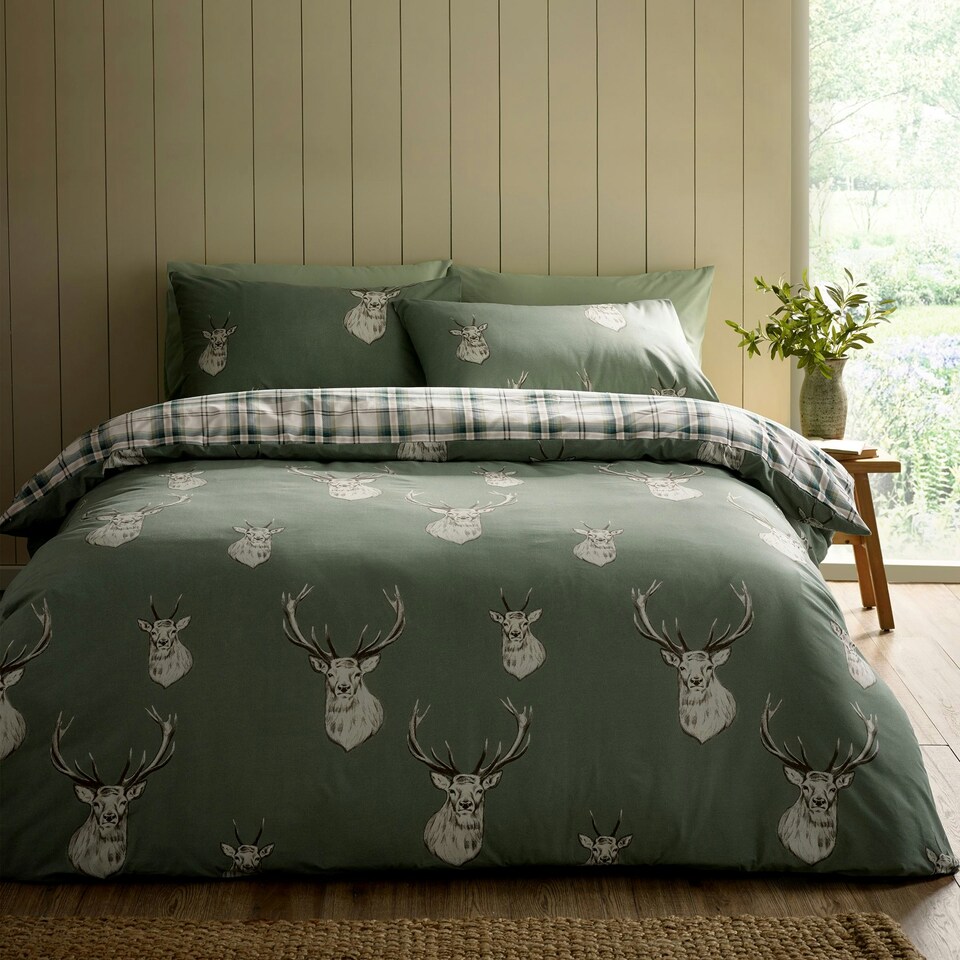 image 1 of Catherine Lansfield Stag Check Reversible Duvet Cover Set Soft Green | Green | Soft Green | King