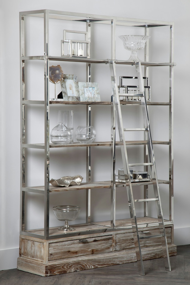 image 1 of Display Unit With Moveable Ladder,Shelf Unit With Storage Drawers,Wall Shelving Unit,Pine Wood Bookcase | Brown