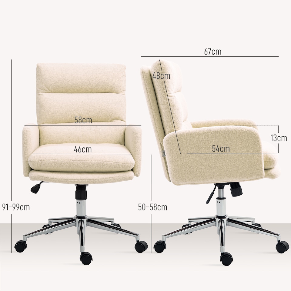 image 1 of HOMCOM Home Office Chair, Upholstered Sherpa Fleece Desk Chair with Height Adjustable, Tilt Function and 360 Swivel Wheels for Home Office and Study Room, Cream White | Cream