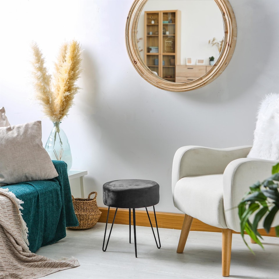 image 1 of Harbour Housewares Round Velvet Footstool - H40 x D35cm - Black/Black | Black | Black/Black