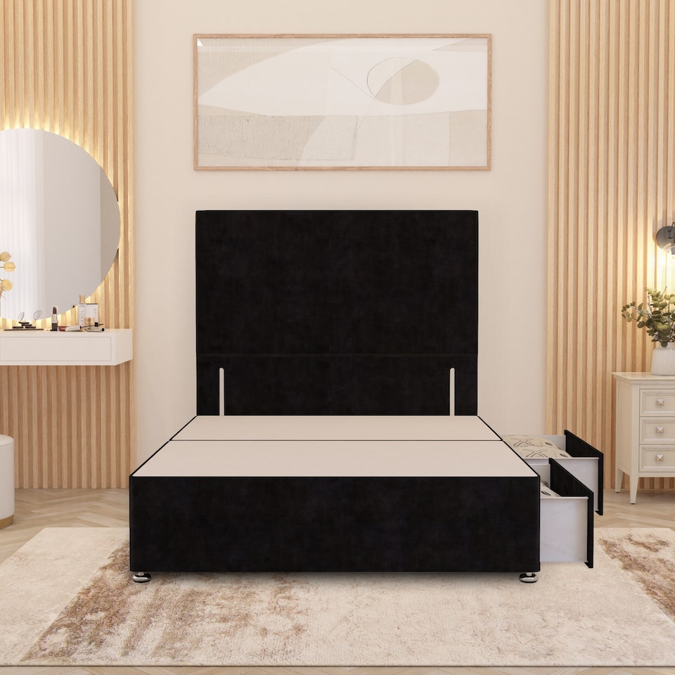image 1 of Divan Bed Base with 2 Drawers & Plain Floor Standing Headboard Plush Velvet | Black | Black