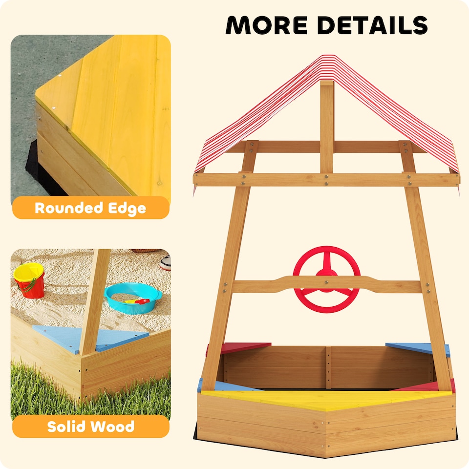 image 1 of AIYAPLAY Wooden Kids Sandpit with Canopy, Seats, Rudder & Bottom Liner