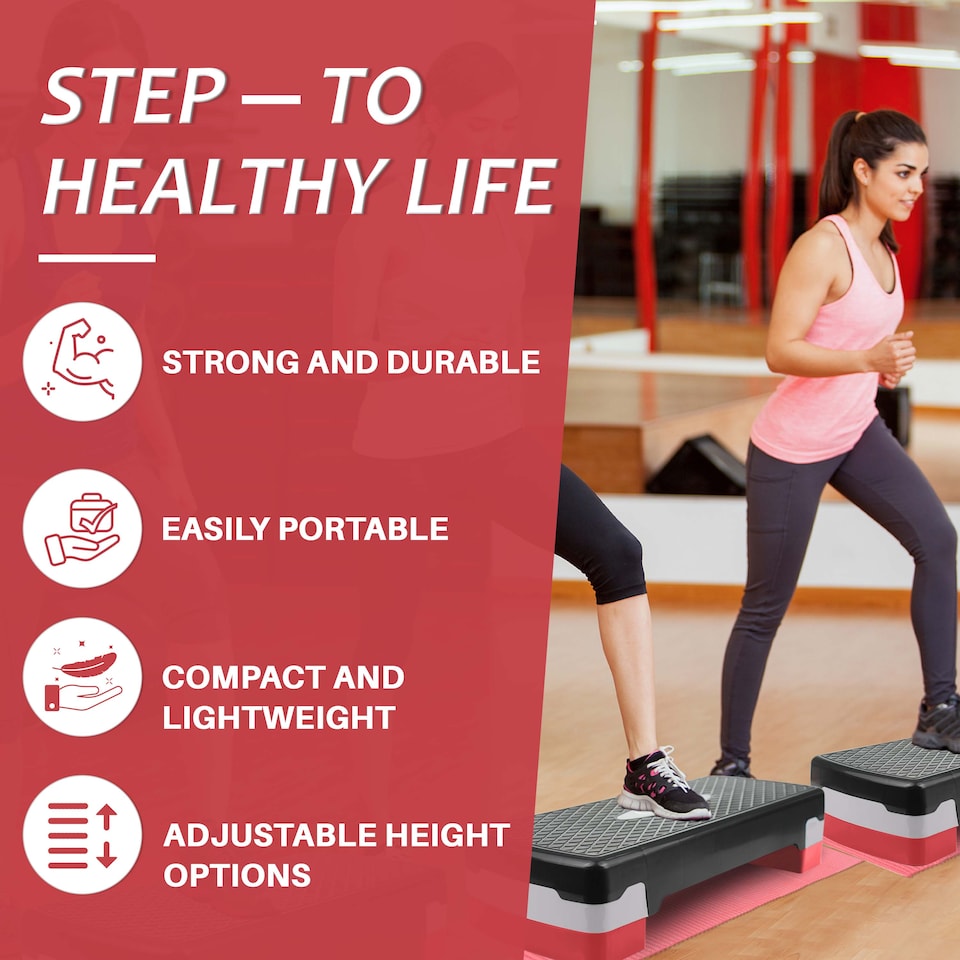 image 1 of Aerobic Stepper Yoga Step Board Gym Fitness Exercise Cardio Adjustable Blocks Red