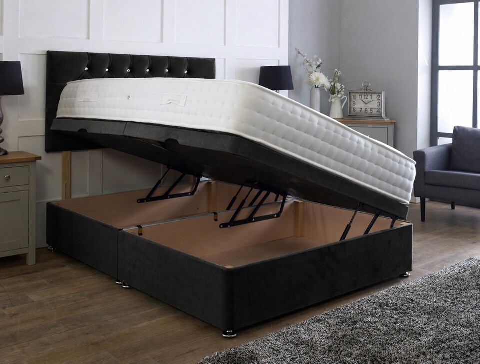 image 1 of Side Lift 4ft6 Double Black Plush Ottoman Bed With Headboard and Mattress
