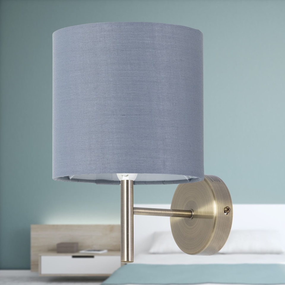 image 1 of Set of 2 Brea - Antique Brass Wall Lights with Grey Cotton Shades | Yellow | Grey | 2