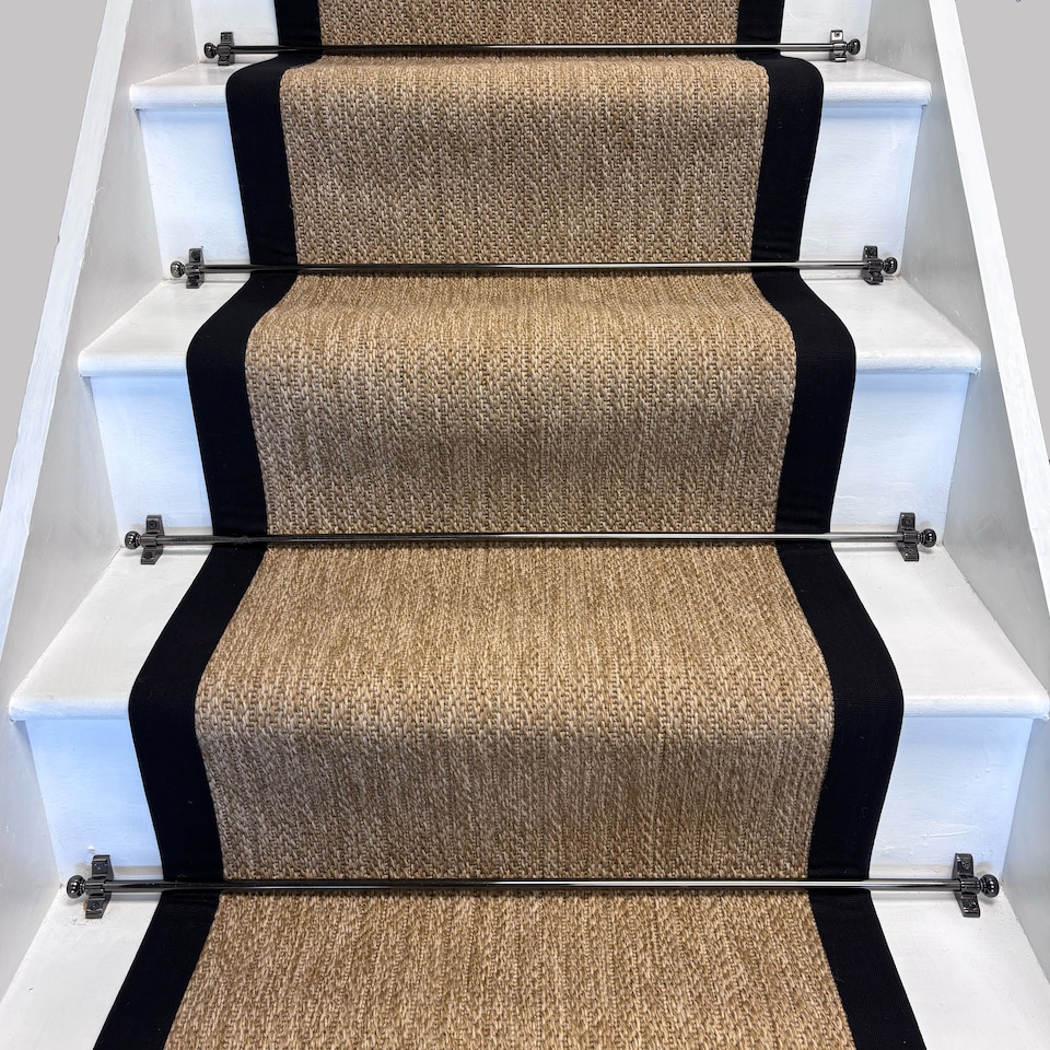image 1 of Bibery Weave Beige Stair Runner with 100% Black Cotton Border Sample