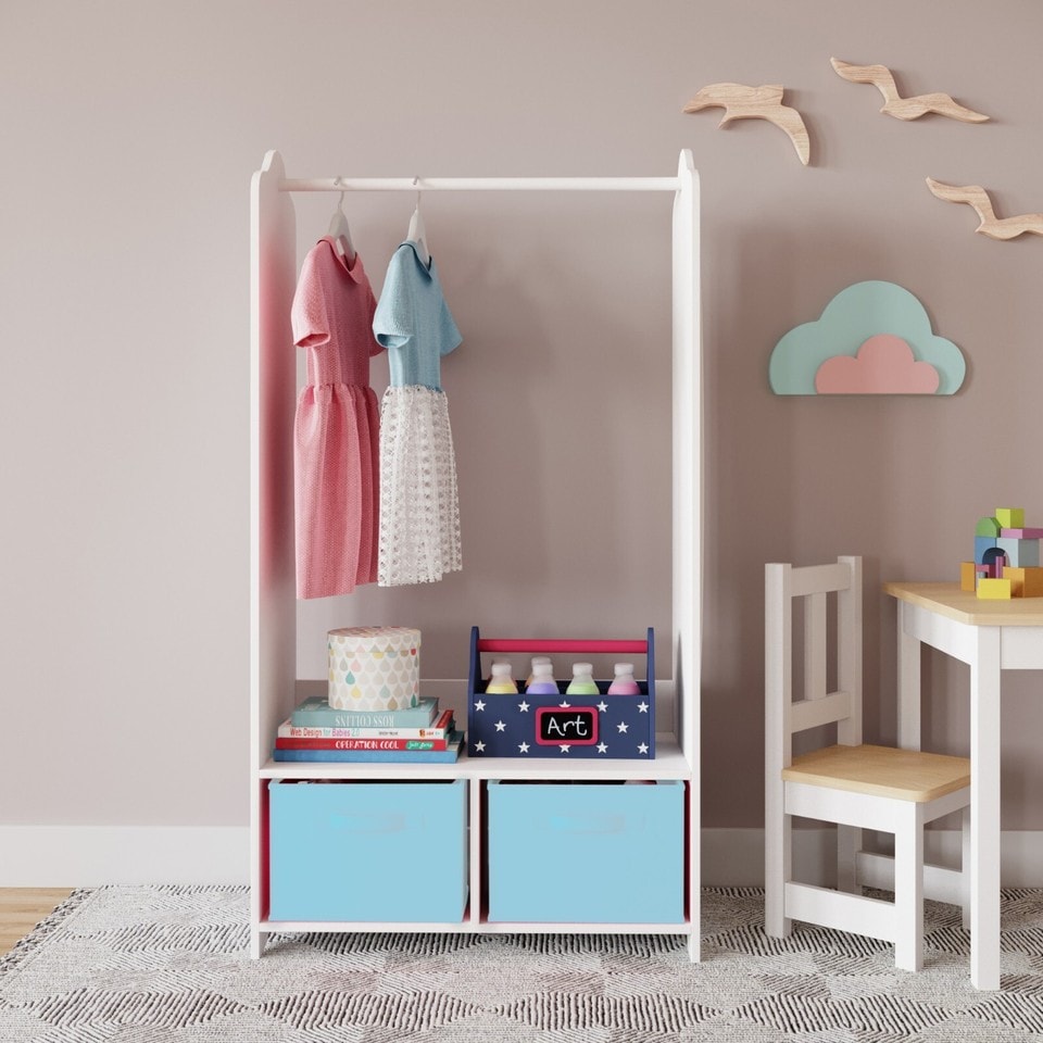 image 1 of Kids MDF Wooden Hanging Clothes Rail Wardrobe Storage Shelves with Inserts Mirror | Blue | Sky Blue